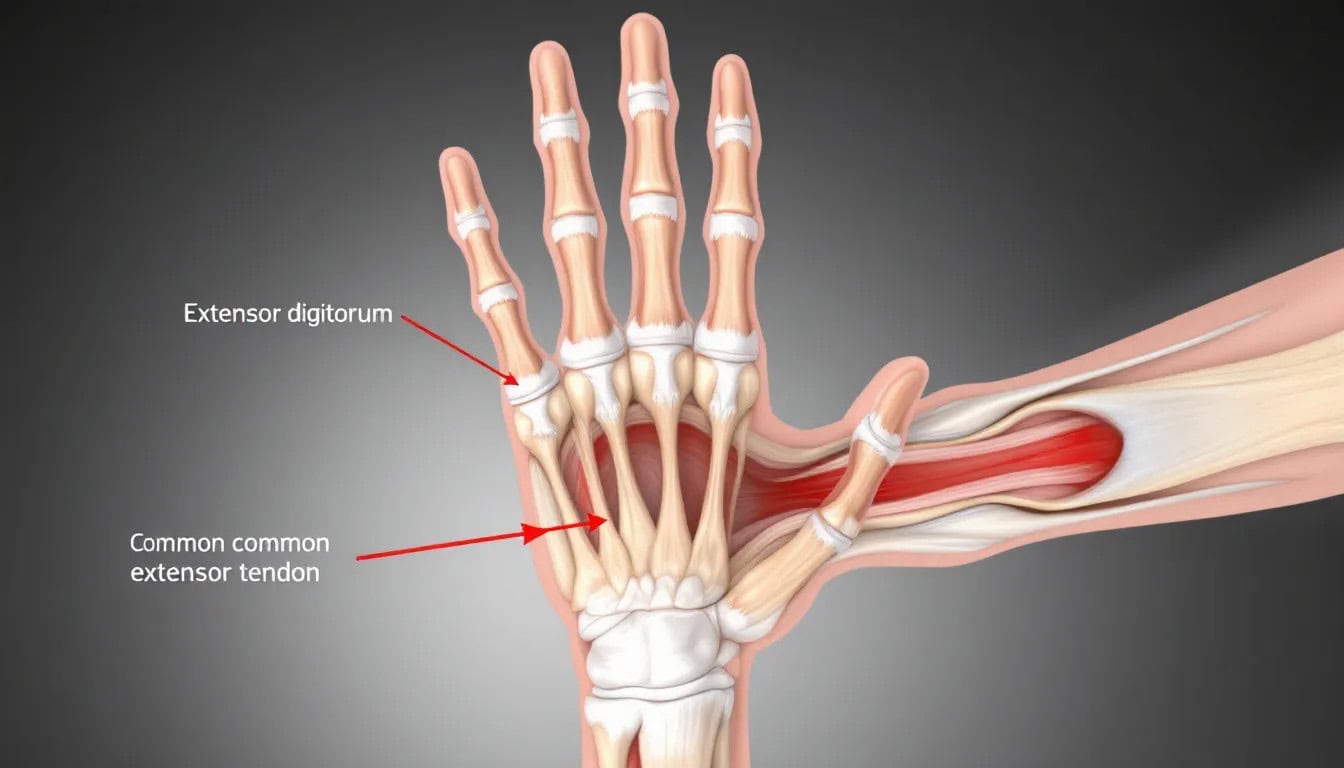 An illustration showing the extensor digitorum muscle in the hand.