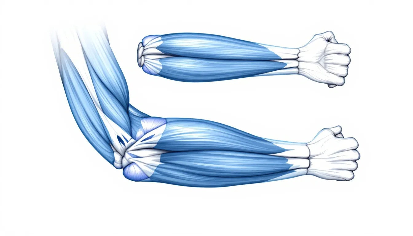 An anatomical diagram of the brachialis muscle along with the biceps brachii, showcasing their relationship and function.