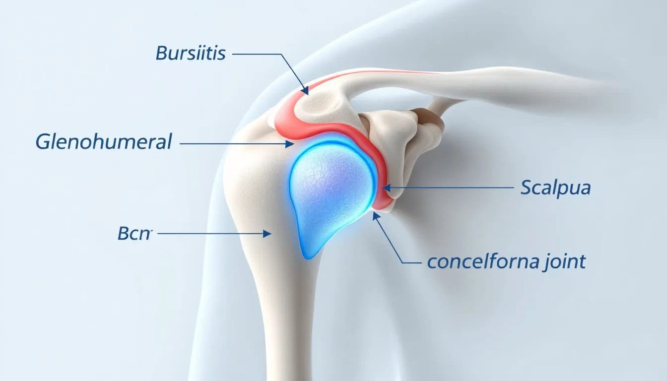 An anatomical illustration of the shoulder joint highlighting the bursa.