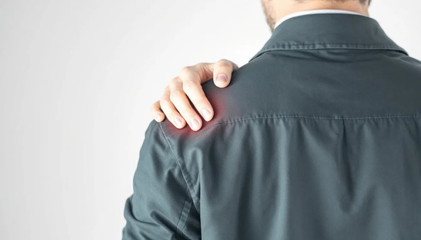 An illustration of treatment options for front shoulder pain, including physical therapy and surgical interventions.