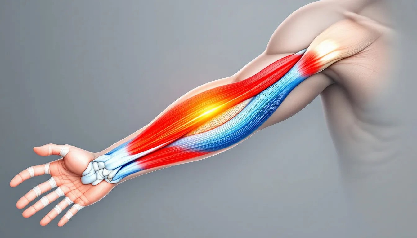 An infographic illustrating common symptoms of brachialis pain, including swelling and tenderness.