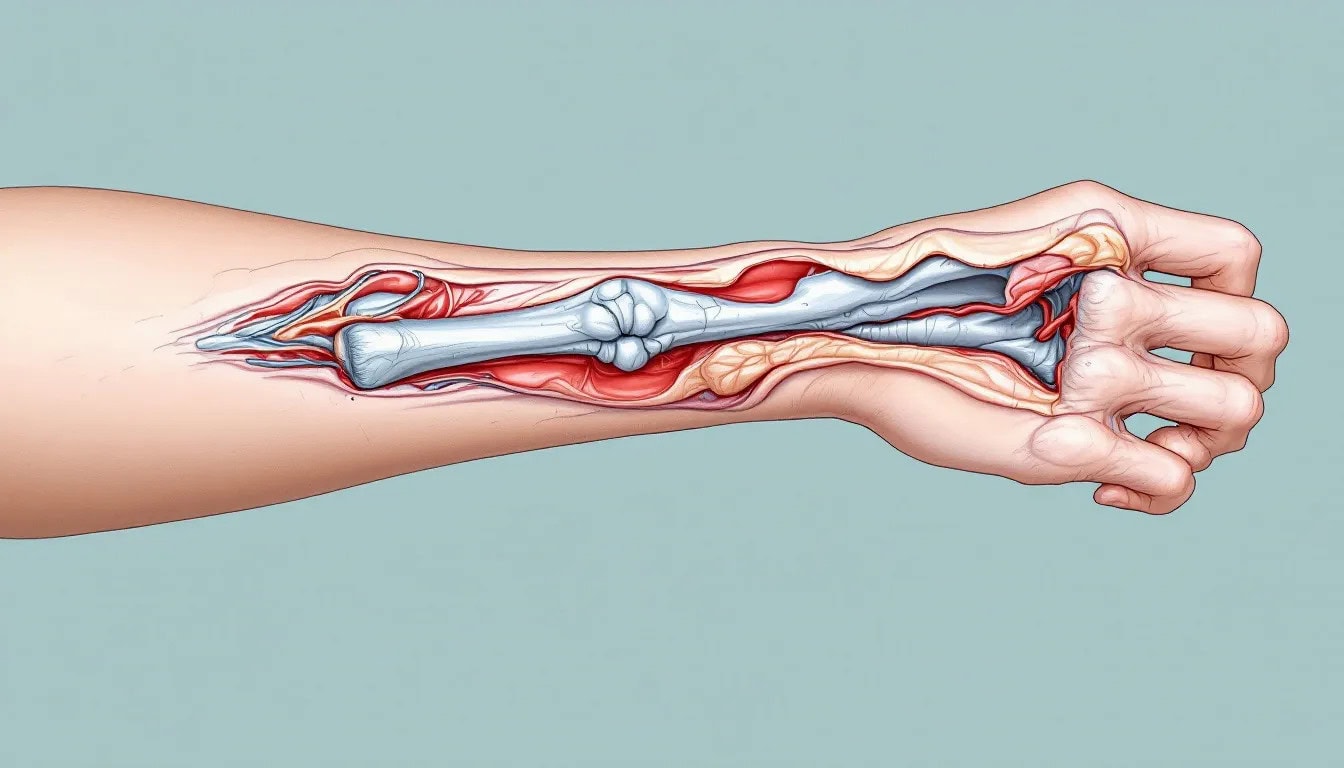 A visual representation of various symptoms associated with wrist fractures, including swelling and deformity.