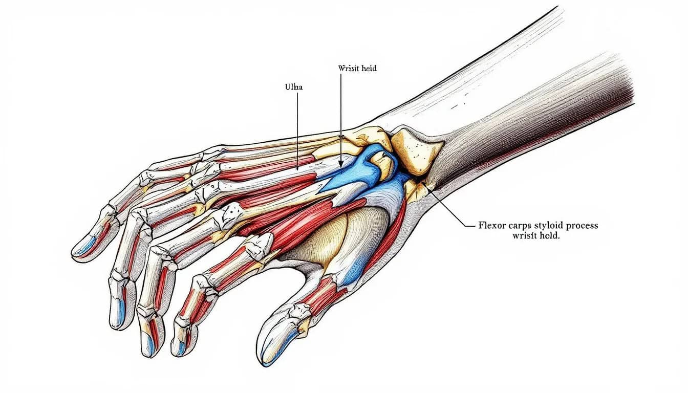 An illustration showing the anatomy of the ulnar styloid process, highlighting its location in relation to the wrist.