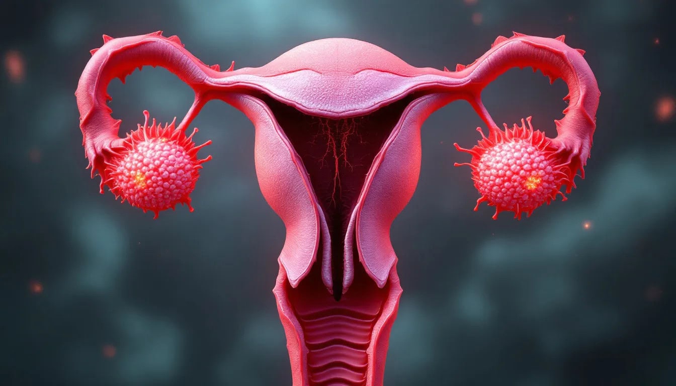 An illustration of the uterus with endometriosis lesions.