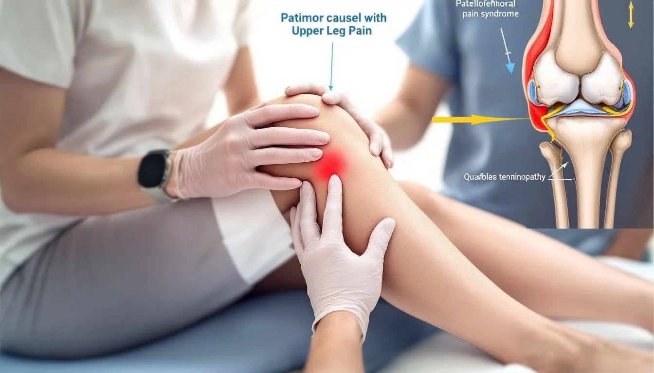 An image of a physical therapist assisting a patient with upper leg pain.