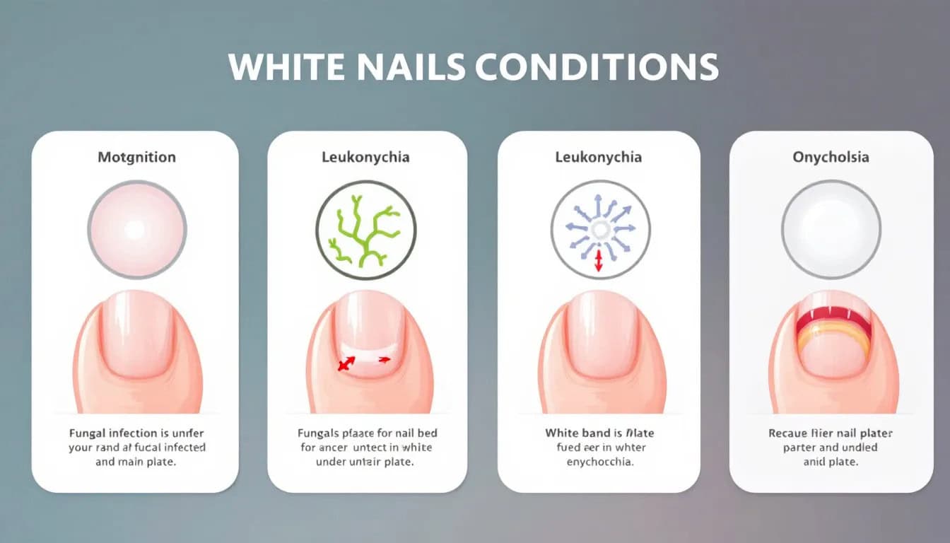 An infographic showing health conditions linked to white nails, including examples of nail abnormalities.