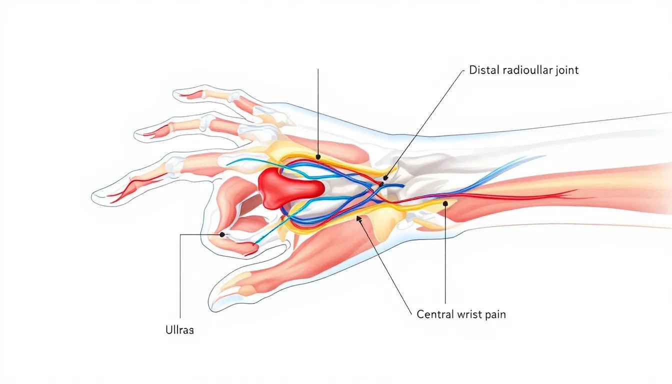 An illustration showing the anatomy of the wrist joint, highlighting areas affected by central wrist pain.