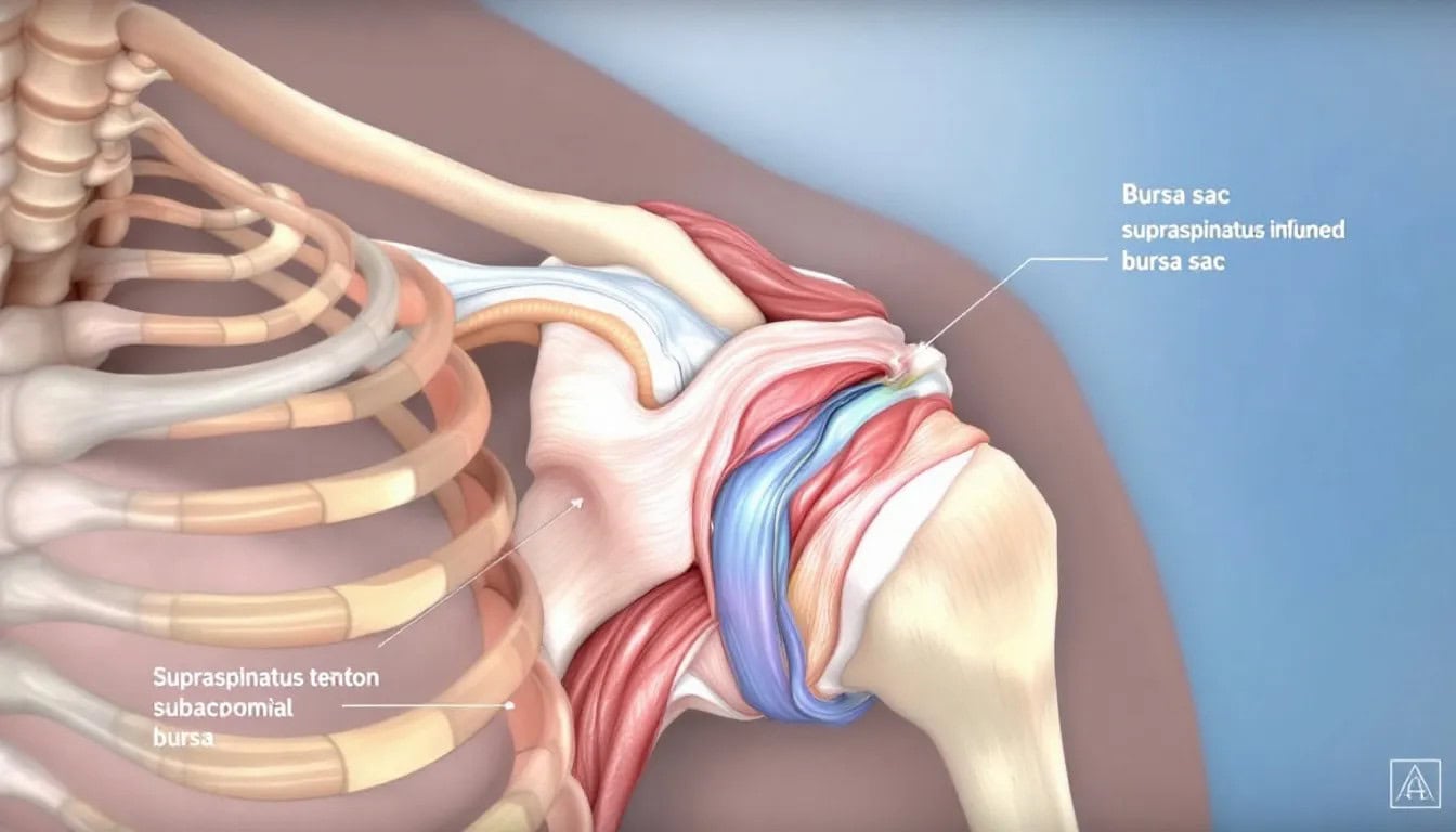 A close-up of a shoulder showing signs of swelling and inflammation due to bursitis.