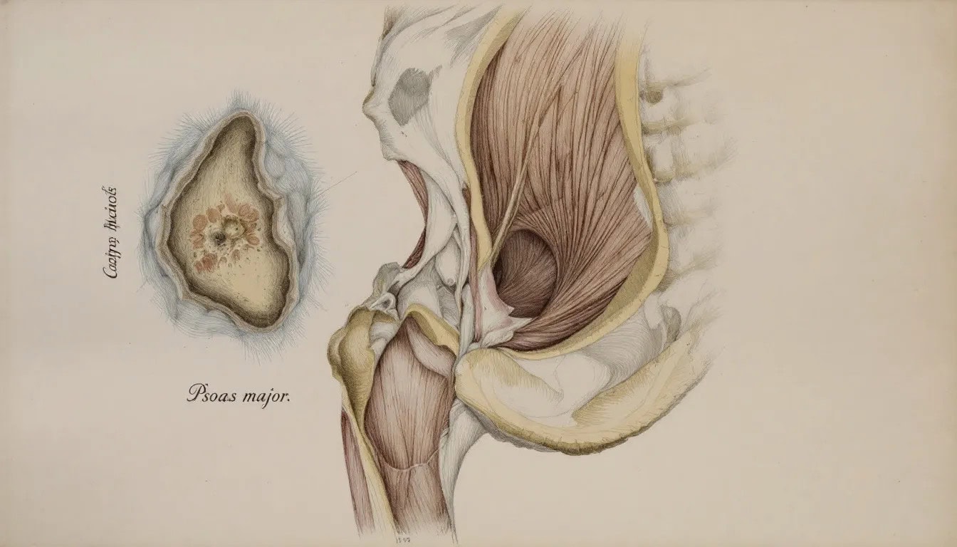 An illustration showing the anatomy of the psoas muscle and an abscess formation.