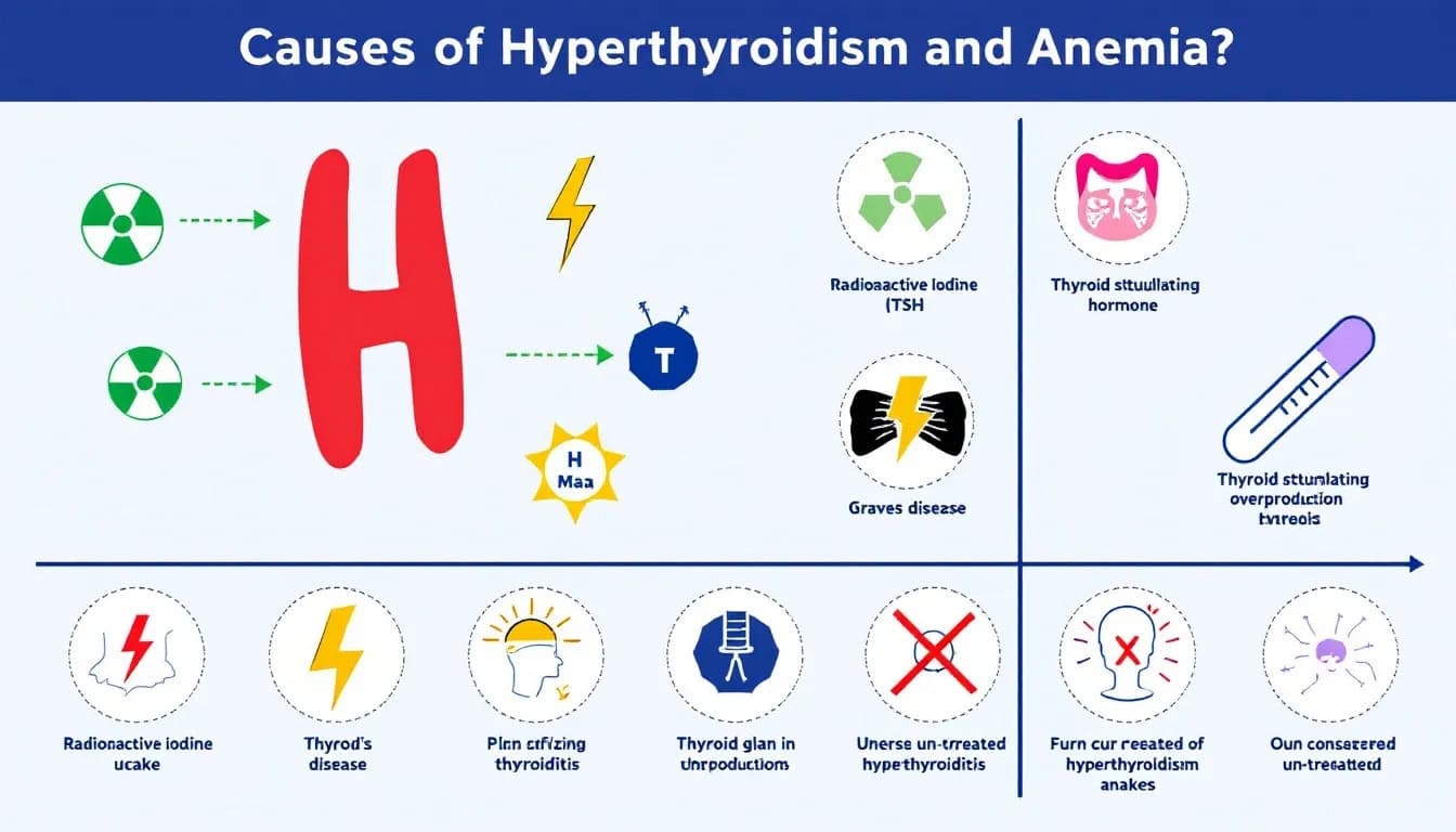 An illustration depicting various causes of hyperthyroidism and anemia, including thyroid dysfunction and iron deficiency.
