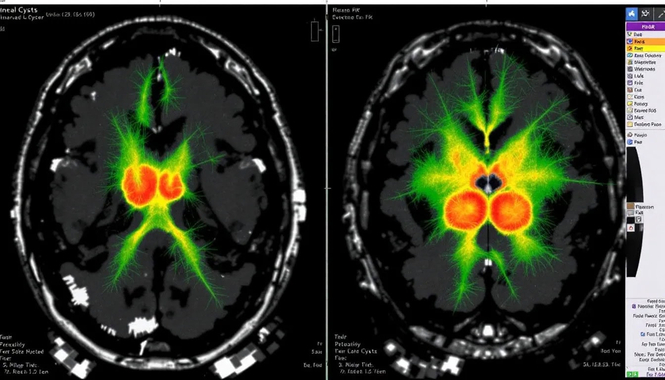 An MRI scan showing a pineal cyst in the brain.