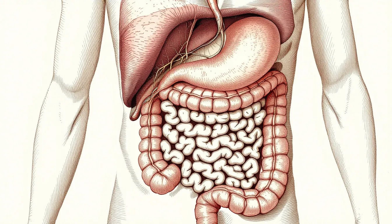 An illustration of the digestive system with labeled organs.